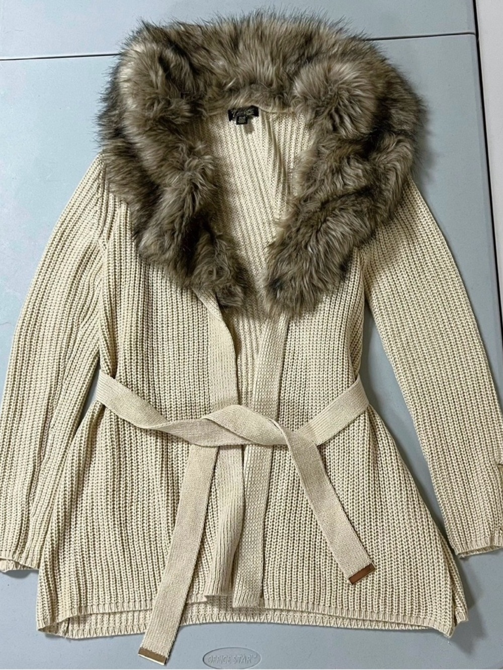Thalia Tan Beige Y2K Fur Knit Belted Sweater Winter Cardigan Outerwear Size M 🤎✨